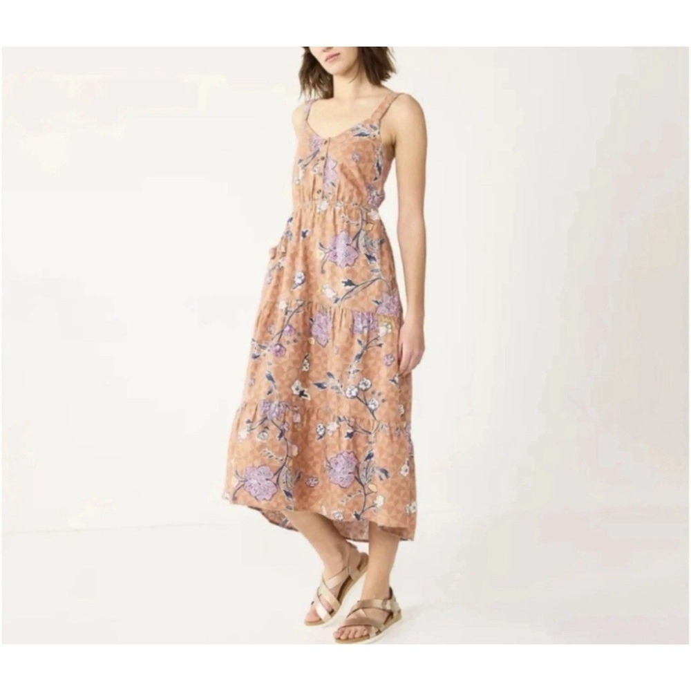 Sonoma Tiered Linen Blend Midi Dress Sleeveless Light Orange Floral Geometric 2X